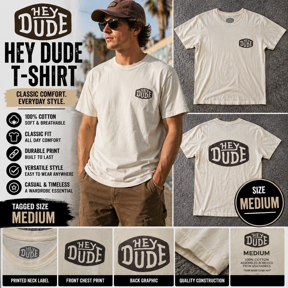 Hey Dude Graphic T-Shirt Men's Medium Cream Beige Logo Tee Casual Cotton